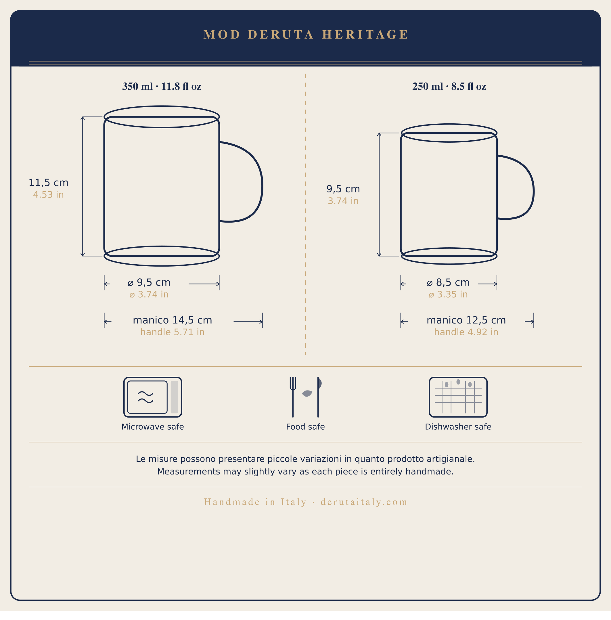 Deruta majolica mug size guide &ndash; large 350ml and small 250ml &ndash; handmade ceramic